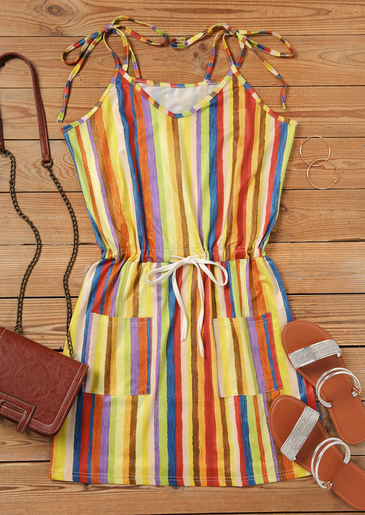 Vertical Striped Pocket Tie Mini Dress
