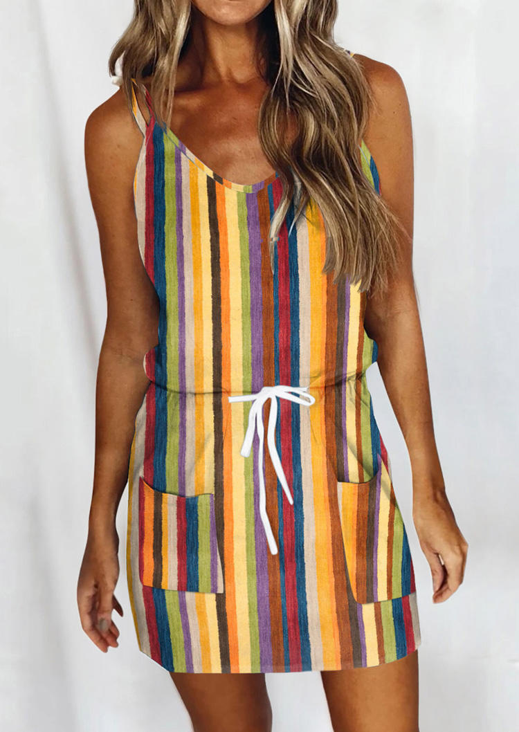

Vertical Striped Pocket Tie Mini Dress, Multicolor, SCM011952