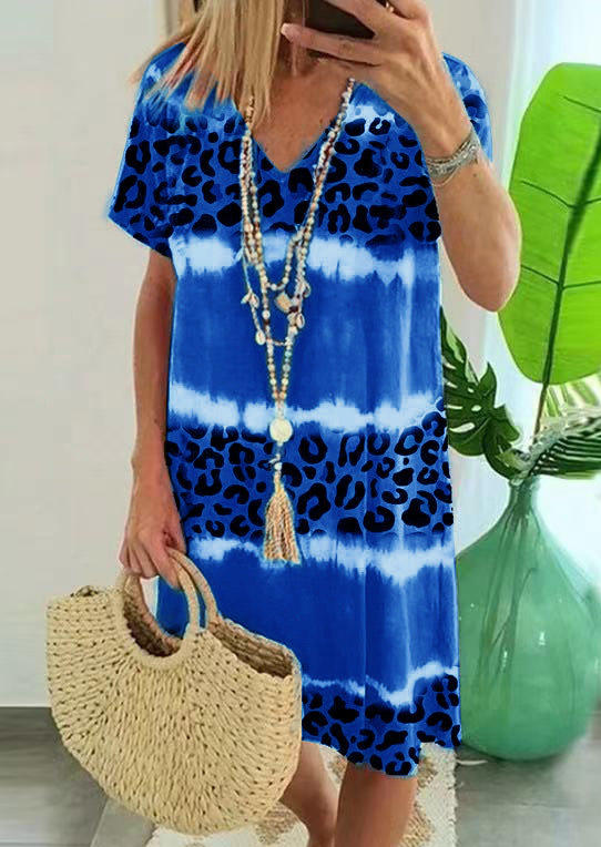 

Leopard Tie Dye Short Sleeve V-Neck Mini Dress - Blue, SCM012156