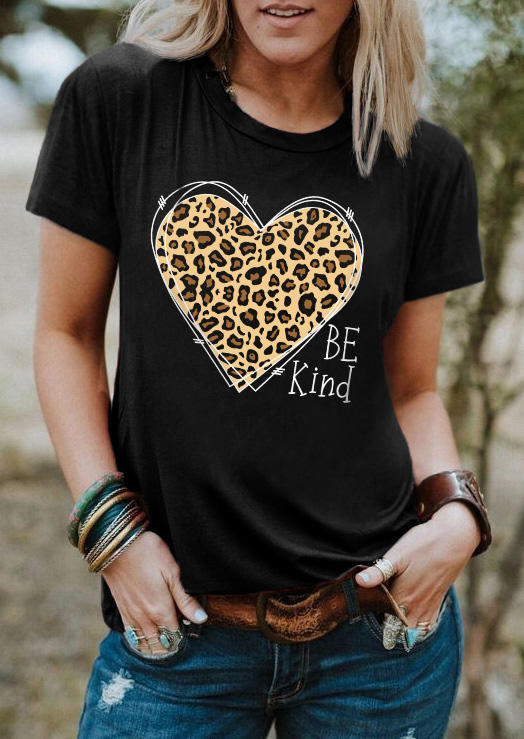 

Be Kind Leopard Heart O-Neck T-Shirt Tee - Black, SCM012184