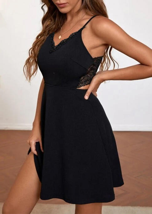 Lace Open Back Spaghetti Strap Mini Dress - Black