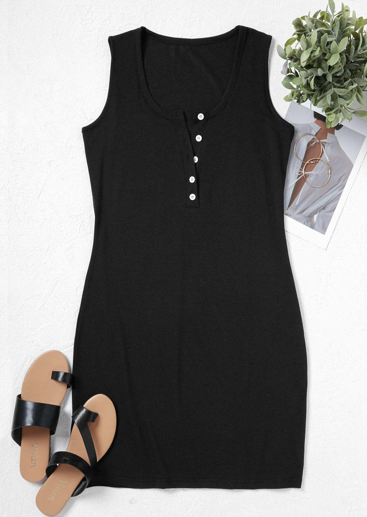 Button Sleeveless Casual Mini Dress - Black