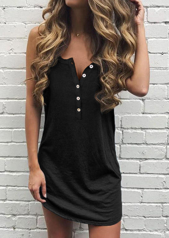 

Button Sleeveless Casual Mini Dress - Black, SCM011949
