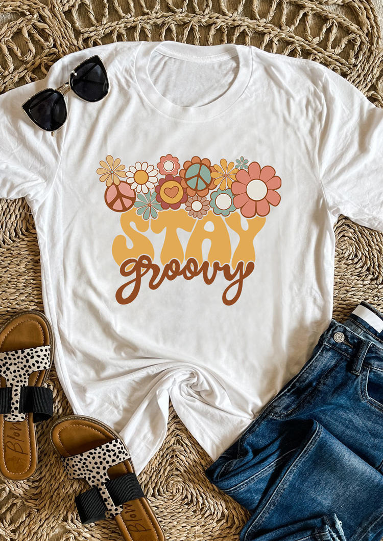 

Stay Groovy Floral O-Neck T-Shirt Tee - White, SCM012186