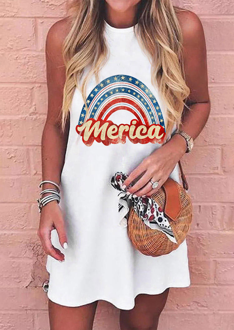 Merica American Flag O-Neck Mini Dress - White