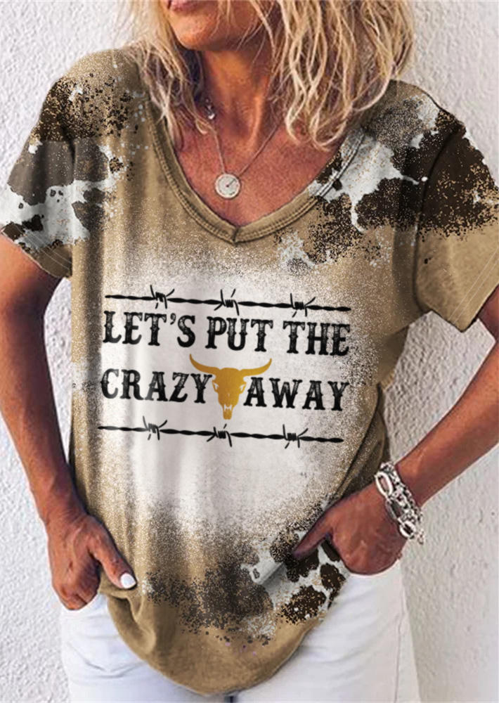 

Let' Put The Crazy Away Steer Skull Bleached T-Shirt Tee - Light Brown, SCM012167