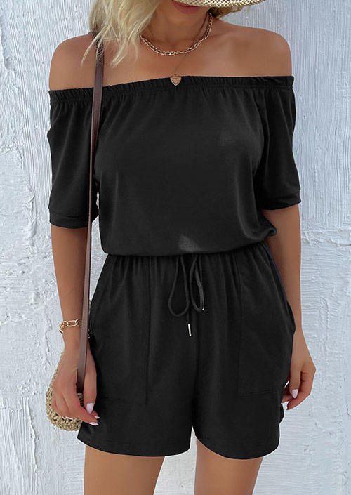

Drawstring Pocket Off Shoulder Romper - Black, SCM012174