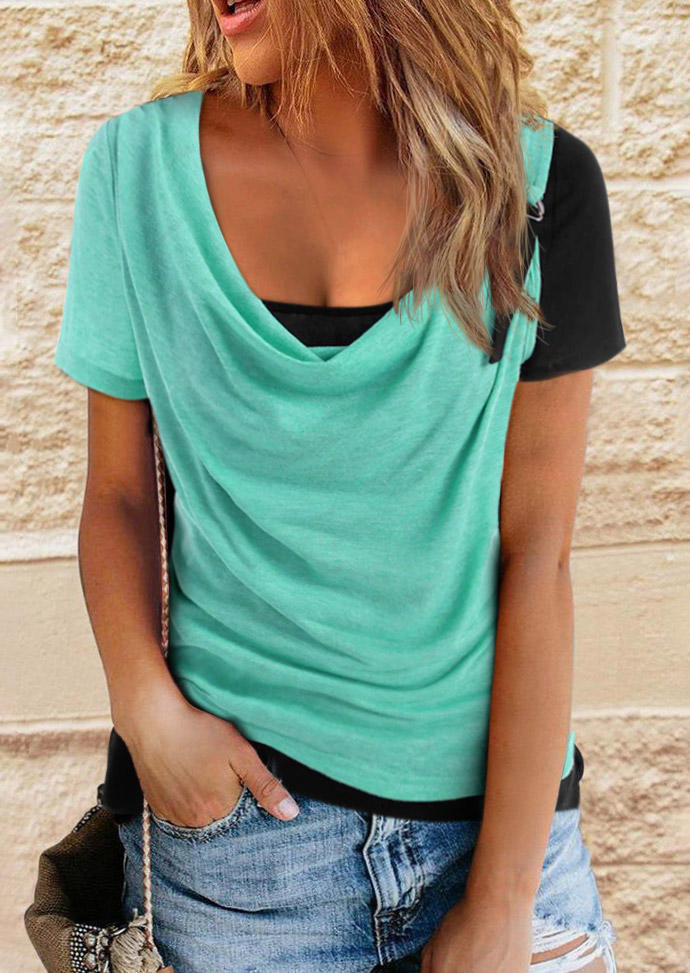 

Color Block Cowl Neck Fake Two-Piece Blouse - Lake Blue, Green, SCM011022