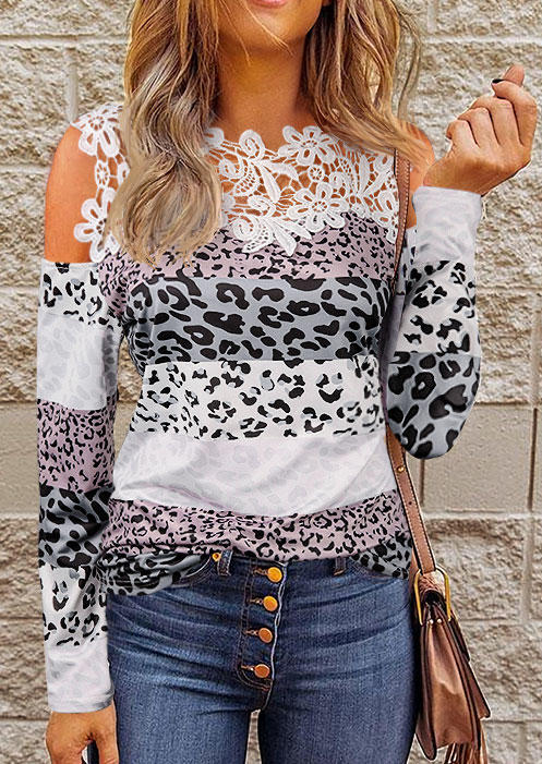 

Lace Splicing Leopard Color Block Cold Shoulder Blouse, Multicolor, SCM011547