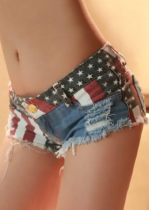 

American Flag Star Pocket Frayed Ripped Denim Shorts, Multicolor, SCM011782