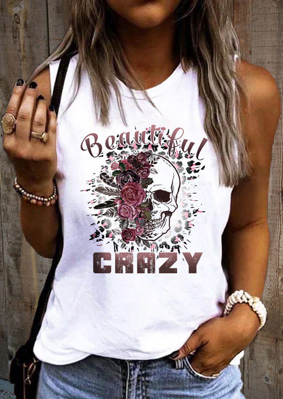 

Beautiful Crazy Floral Skeleton O-Neck Tank - White, SCM012366