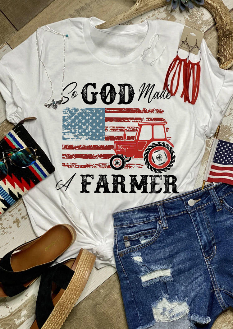 

So God Made A Farmer American Flag T-Shirt Tee - White, SCM012369