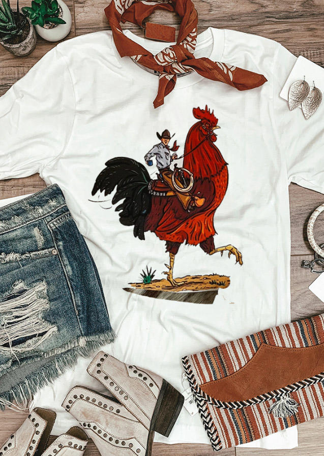 

Cody Cowboy Rooster T-Shirt Tee - White, SCM012370