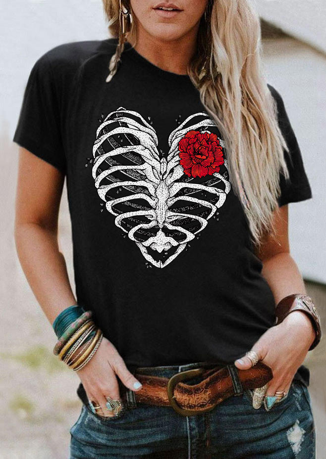 

Floral Heart Skeleton O-Neck T-Shirt Tee - Black, SCM012373