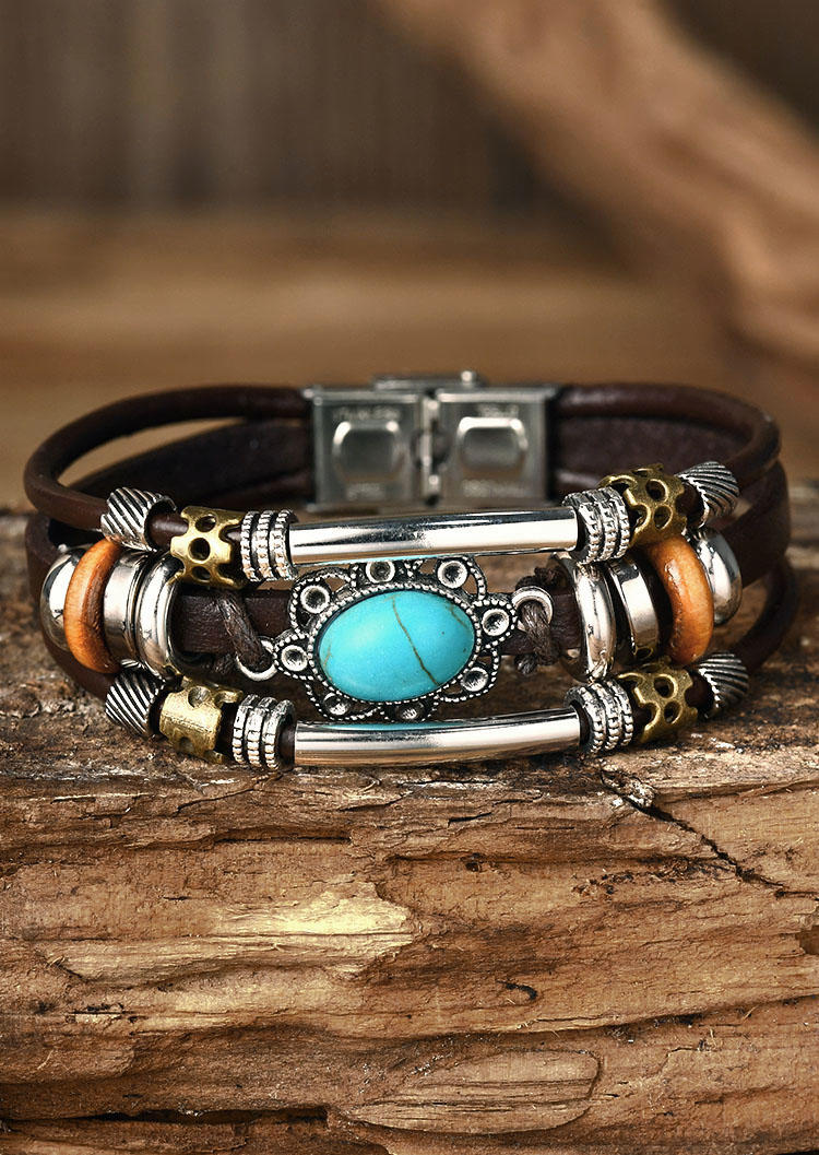 

Turquoise Faux Leather Bohemian Multi-Layered Bracelet, Multicolor, SCM012134