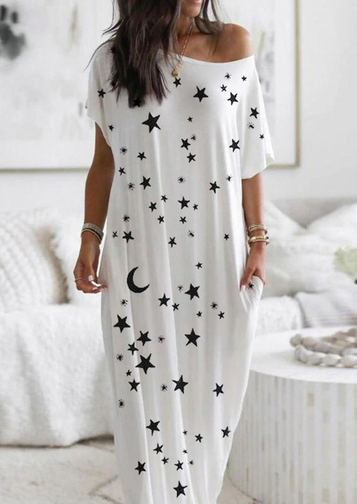 

Star Moon Pocket Loose Maxi Dress - White, SCM012313