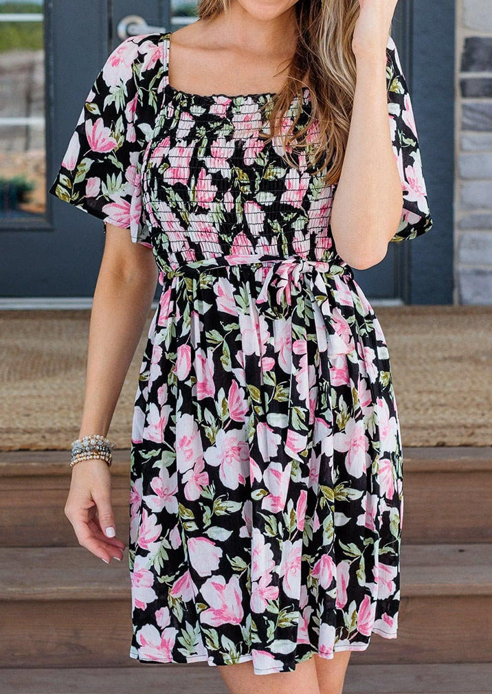 

Floral Smocked Open Back Mini Dress with Belt, Multicolor, SCM012320