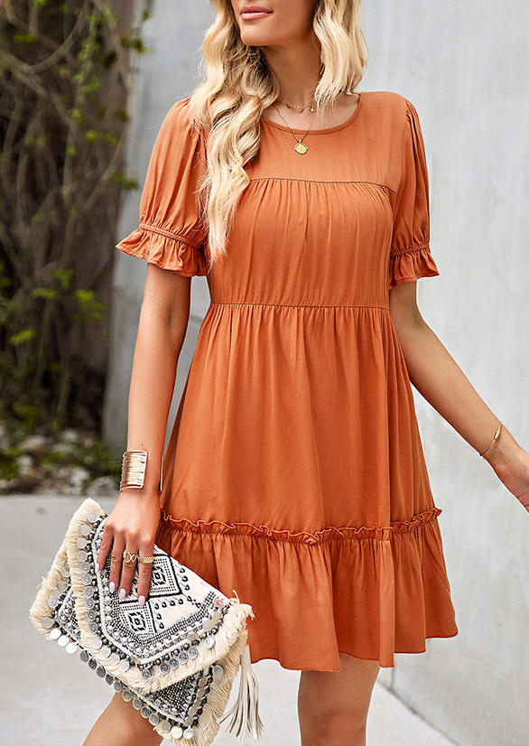 

Ruffled Poet Sleeve O-Neck Mini Dress - Orange, SCM012113