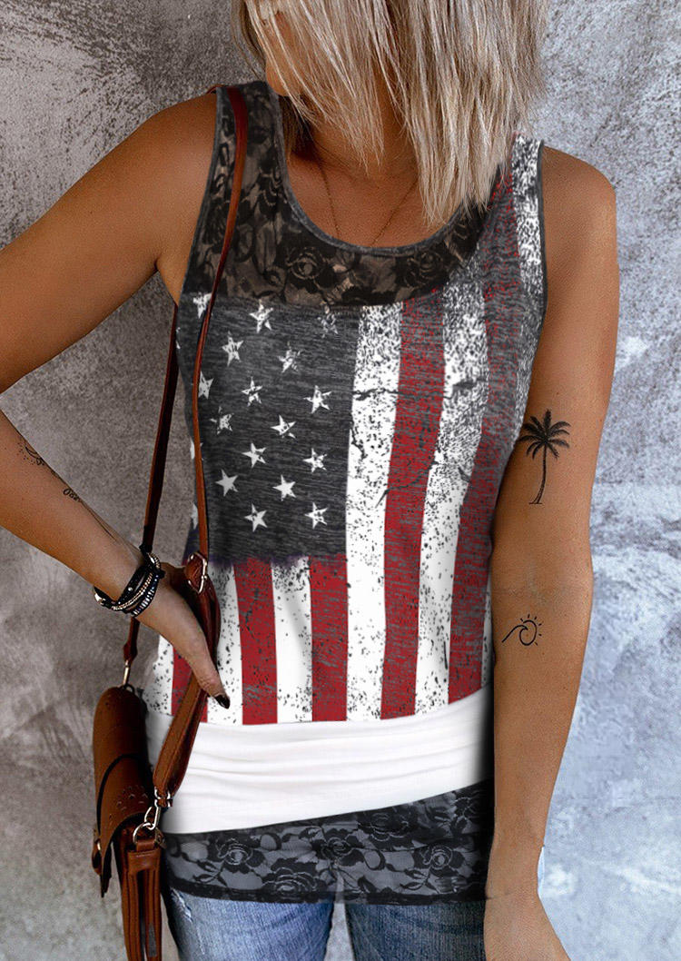 

American Flag Lace Splicing Drawstring Tank, Multicolor, SCM012243