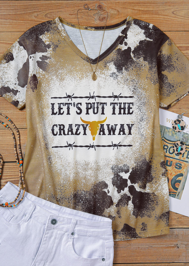 Let's Put The Crazy Away Steer Skull Bleached T-Shirt Tee - Light Brown