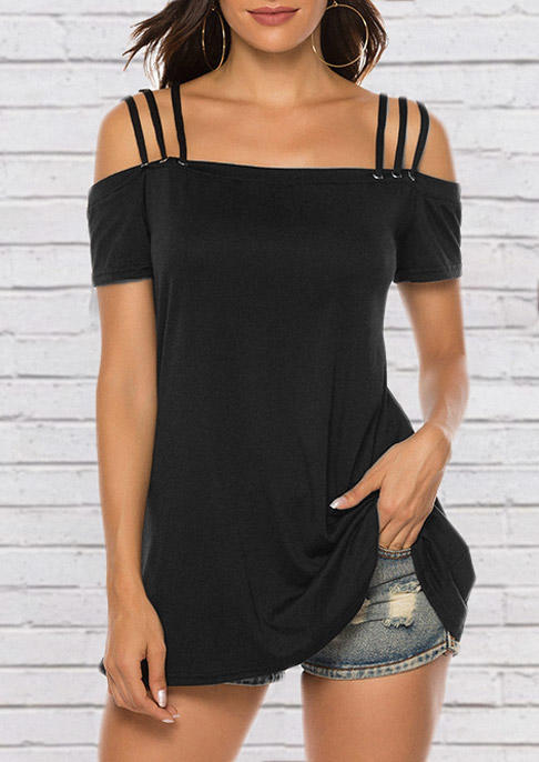 Short Sleeve Hollow Out Blouse - Black