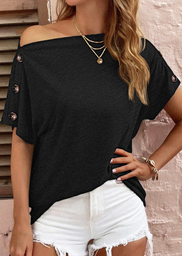 

Button Off Shoulder Casual Blouse - Black, SCM012376