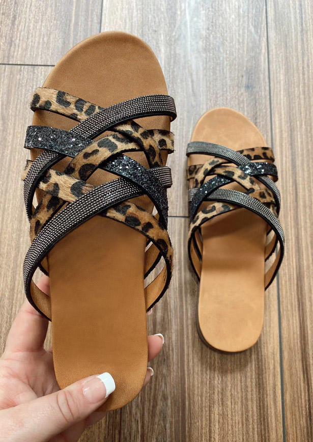 

Leopard Glitter Criss-Cross Flat Slippers, Multicolor, SCM012533