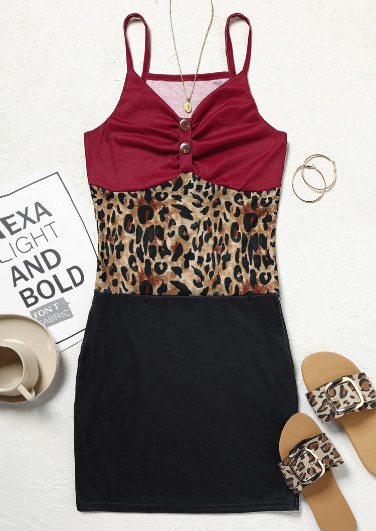 Color Block Leopard Button Ruched Mini Dress