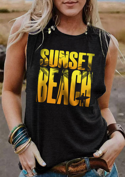 

Sunset Beach Coconut Tree O-Neck Tank - Black, SCM012501