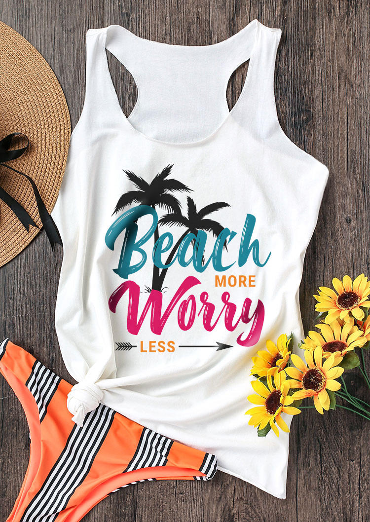 

Beach More Worry Less Coconut Tree Racerback Tank - White, SCM012507