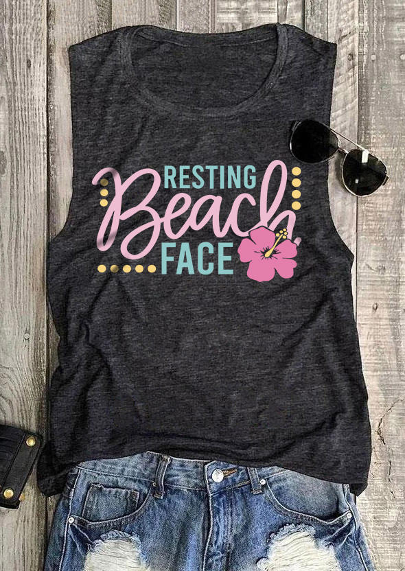 

Resting Beach Face Floral O-Neck Tank - Dark Grey, Gray, SCM012569