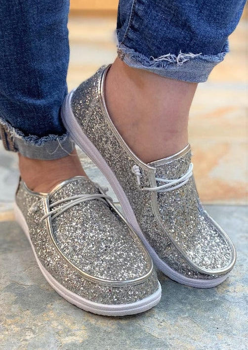 

Glitter Shine Slip On Flat Boat Sneakers - Silver, SCM012574