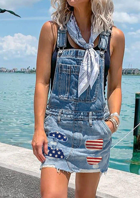 American Flag Criss-Cross Denim Overall Mini Dress - Light Blue