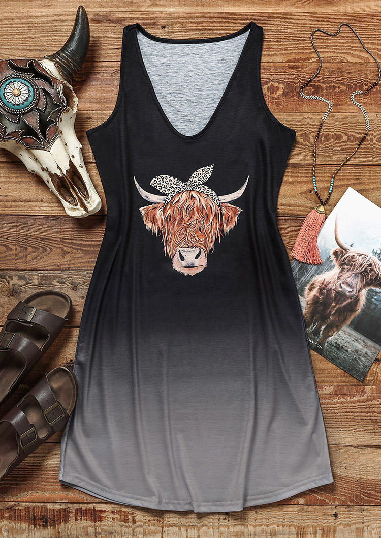 Highland Cattle Gradient Leopard Sleeveless Mini Dress - Black