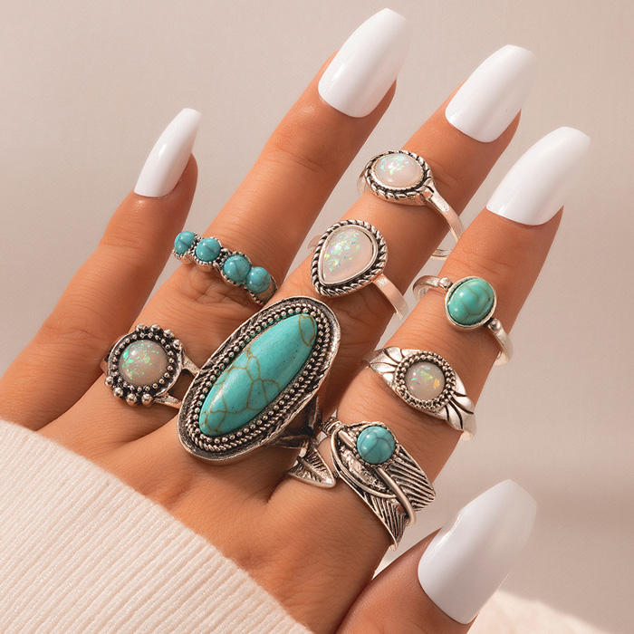 8Pcs Turquoise Feather Alloy Ring Set