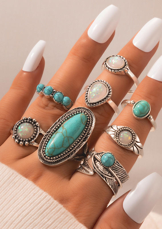 

8Pcs Turquoise Feather Alloy Ring Set, Silver, SCM012222
