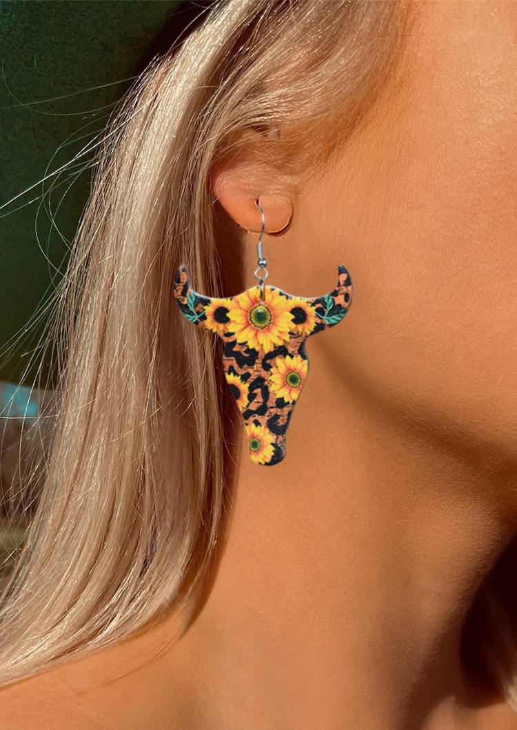 

Sunflower Leopard Steer Skull PU Leather Earrings, Multicolor, SCM012143