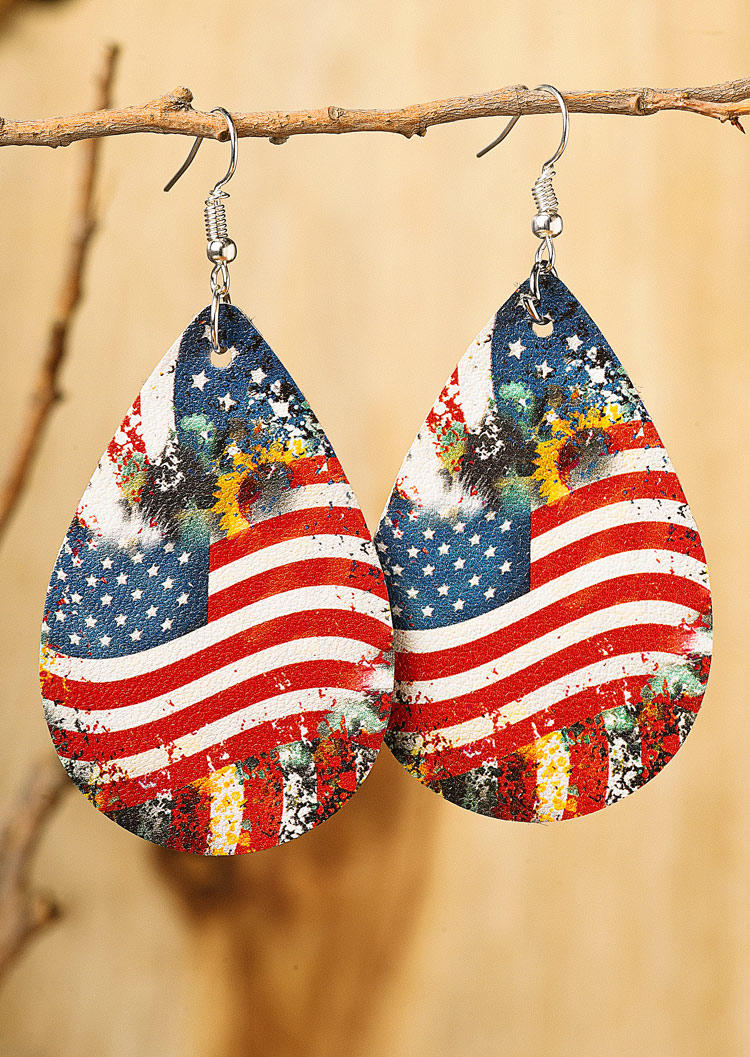 

American Flag Sunflower PU Leather Earrings, Multicolor, SCM012311