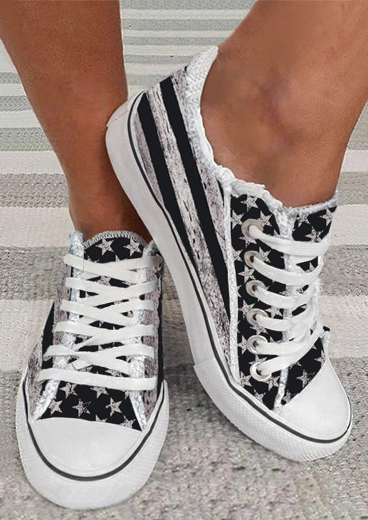 

American Flag Lace Up Round Toe Flat Sneakers - Black, SCM012332