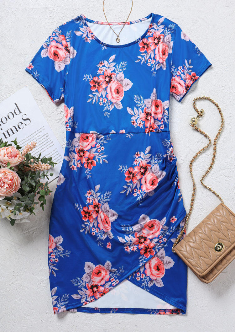 Floral Ruched Short Sleeve Bodycon Dress - Blue