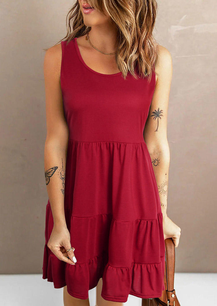 

Ruffled O-Neck Sleeveless Mini Dress - Burgundy, Red, SCM011869