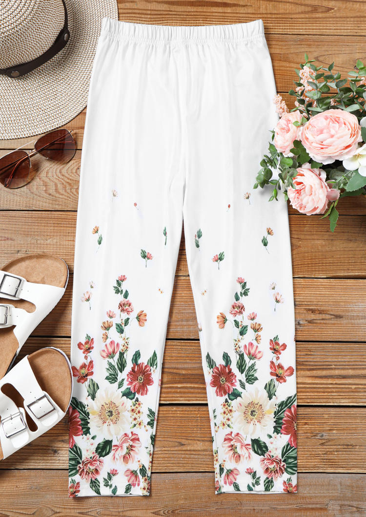 Floral Elastic Waist Casual Pants - White