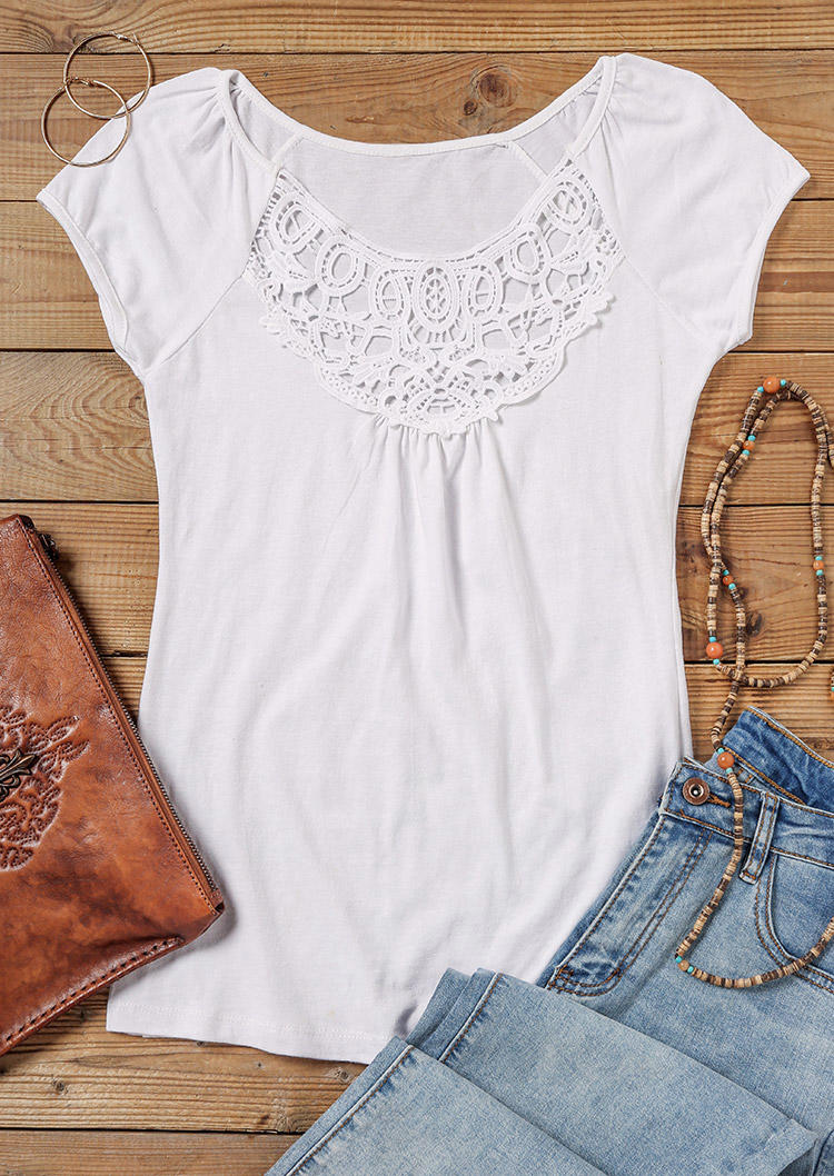 Lace Splicing Short Sleeve Blouse - White