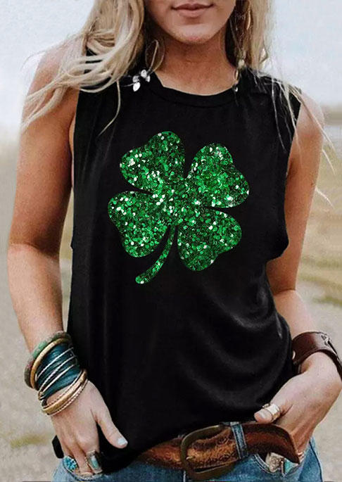 

St. Patrick' Day Lucky Shamrock Glitter Tank - Black, SCM010674