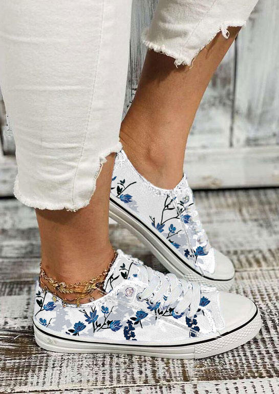 Floral Lace Up Flat Sneakers - White