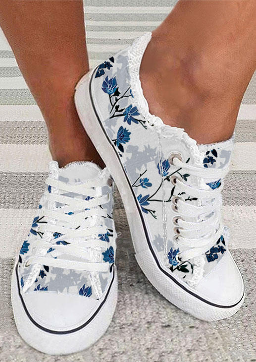 

Floral Lace Up Flat Sneakers - White, SCM012725