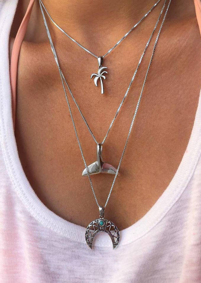 

Multi-Layered Palm Leaf Turquoise Moon Pendant Necklace, Silver, SCM012605