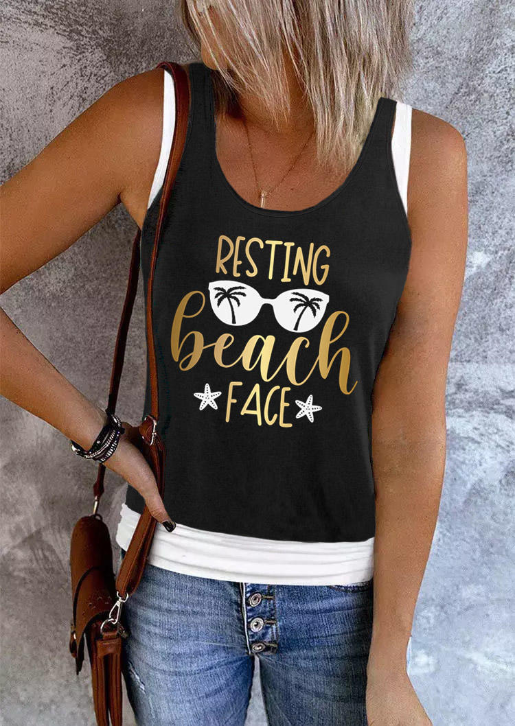 Resting Beach Face Coconut Tree Fake Two-Piece Tank - Black