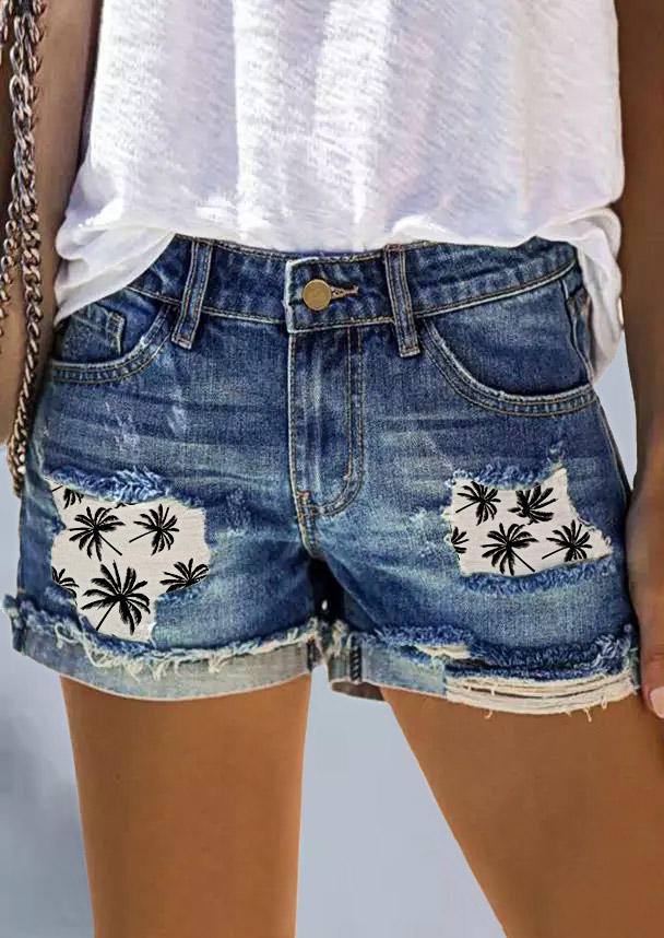 Coconut Tree Button Pocket Ripped Shorts - Blue