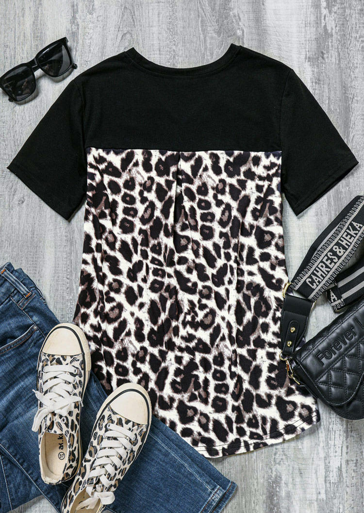 Leopard Printed Splicing Blouse without Necklace - Black